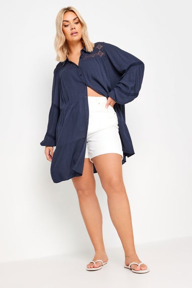 Yours Curve Navy Blue Tiered Crochet Detail Shirt