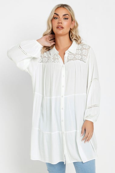 Yours Curve White Tiered Crochet Detail Shirt
