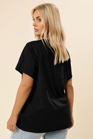 Yours Curve Black Contrast Stitch Pocket Heavyweight T Shirt