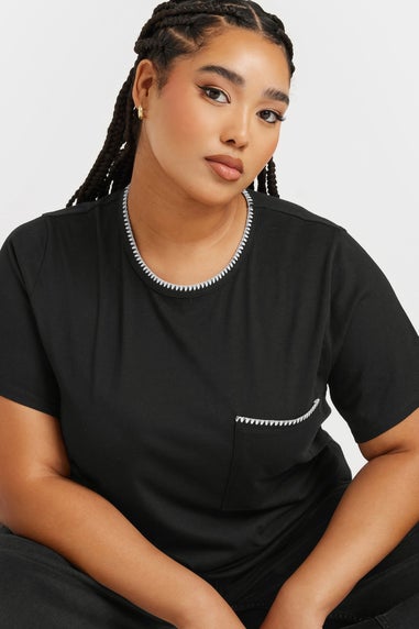 Yours Curve Black Contrast Stitch Pocket Heavyweight T Shirt