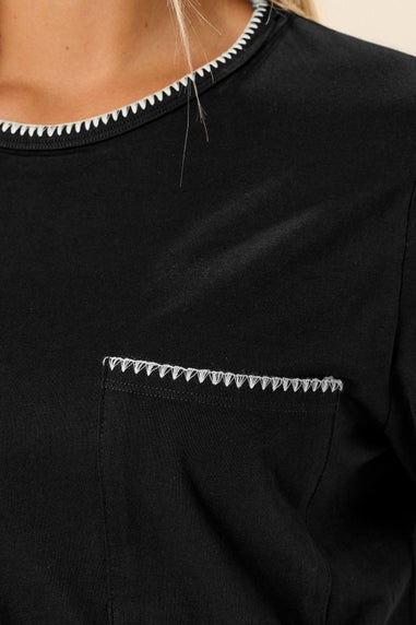 Yours Curve Black Contrast Stitch Pocket Heavyweight T Shirt