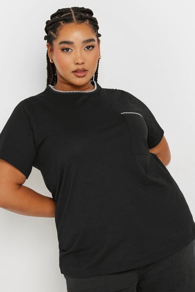 Yours Curve Black Contrast Stitch Pocket Heavyweight T Shirt