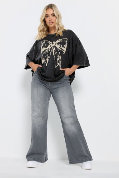 Yours Curve Black Acid Wash Boxy Bow Graphic Print T Shirt