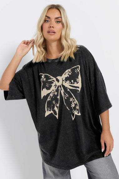 Yours Curve Black Acid Wash Boxy Bow Graphic Print T Shirt