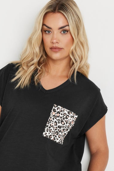 Yours Curve Black Leopard Print Pocket T Shirt
