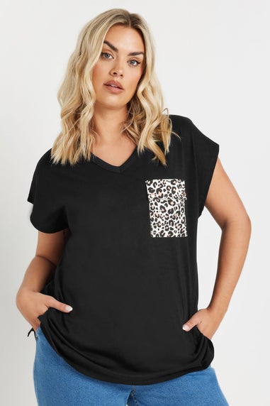 Yours Curve Black Leopard Print Pocket T Shirt