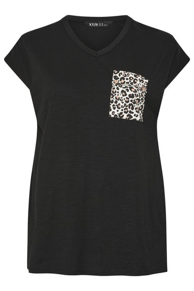 Yours Curve Black Leopard Print Pocket T Shirt