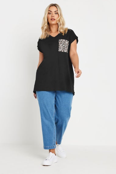 Yours Curve Black Leopard Print Pocket T Shirt
