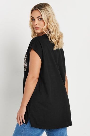 Yours Curve Black Leopard Print Pocket T Shirt