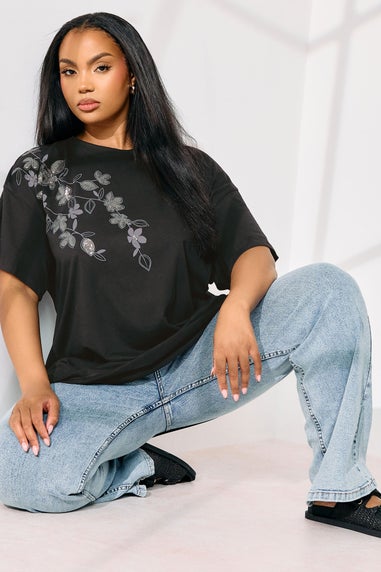 Yours Curve Black Floral Oversized Sequin Top