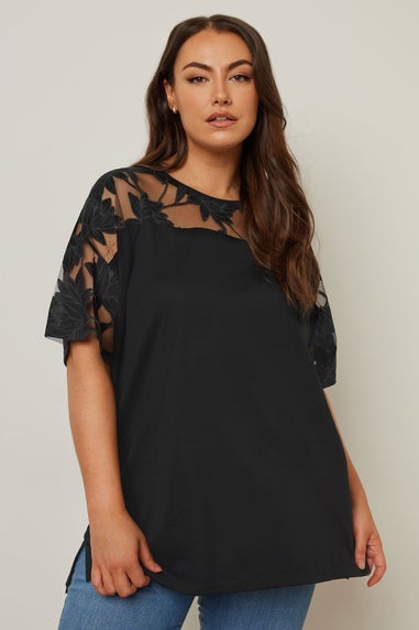 Yours Curve Black Floral Burnout Boxy T Shirt