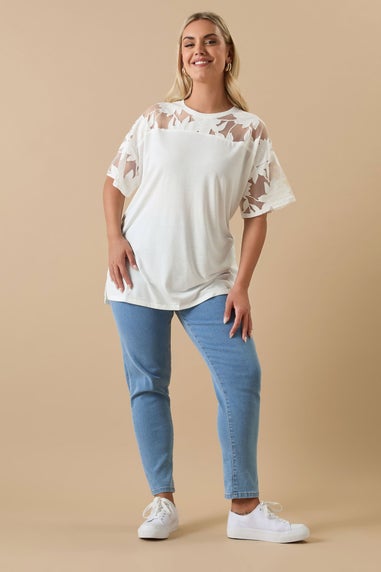 Yours Curve White Floral Burnout Boxy T Shirt