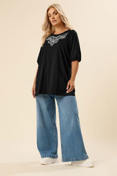 Yours Curve Black Floral Embroidered Top