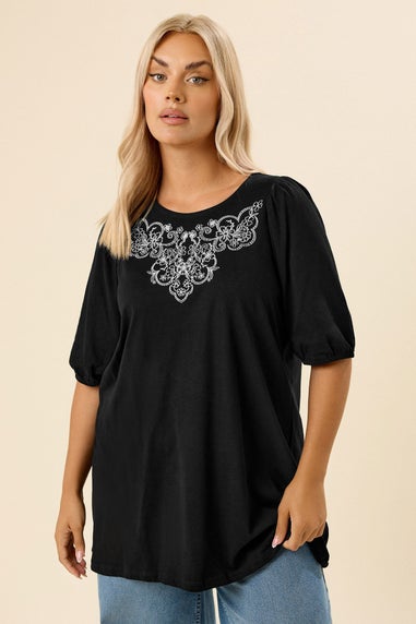 Yours Curve Black Floral Embroidered Top
