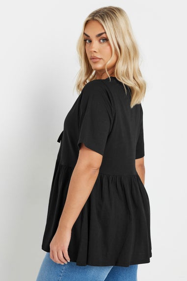 Yours Curve Black Bow Tie Front Peplum Top