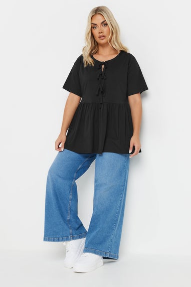 Yours Curve Black Bow Tie Front Peplum Top