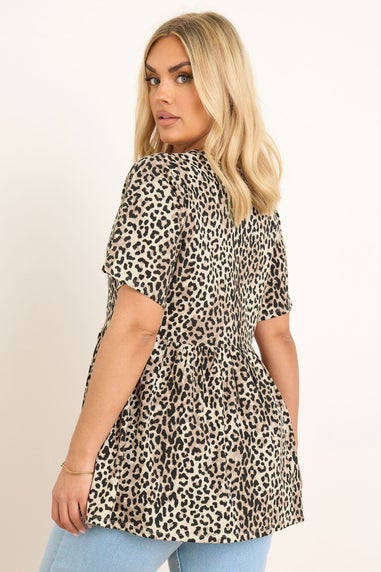 Yours Curve Brown Leopard Print Bow Tie Front Peplum Top