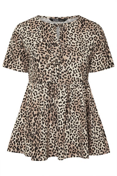 Yours Curve Brown Leopard Print Bow Tie Front Peplum Top