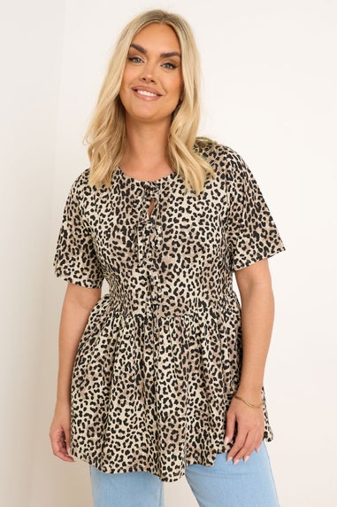 Yours Curve Brown Leopard Print Bow Tie Front Peplum Top