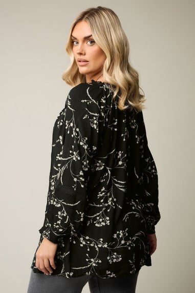 Yours Curve Black Floral Tie Neck Pintuck Top
