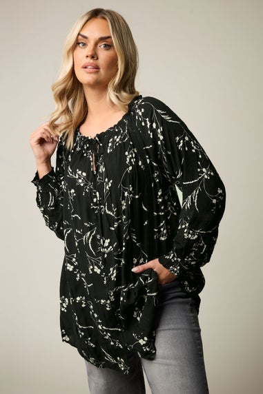 Yours Curve Black Floral Tie Neck Pintuck Top