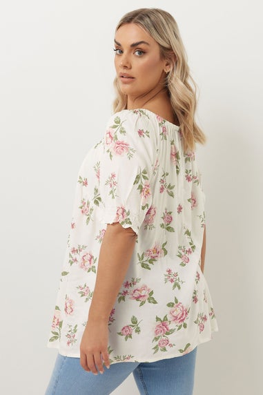 Yours Curve White & Pink Floral Tie Neck Blouse