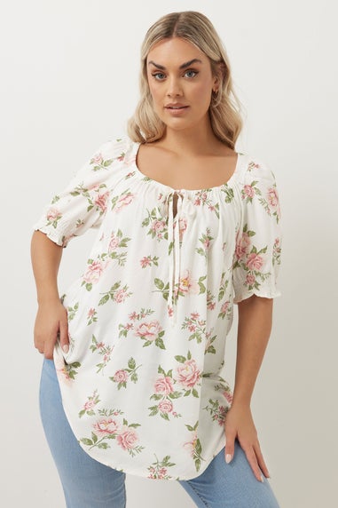 Yours Curve White & Pink Floral Tie Neck Blouse