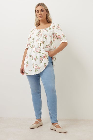 Yours Curve White & Pink Floral Tie Neck Blouse