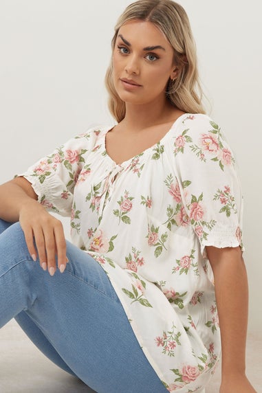 Yours Curve White & Pink Floral Tie Neck Blouse