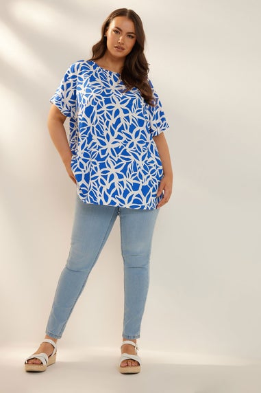 Yours Curve Blue Abstract Floral Print Boxy Short Sleeve Blouse