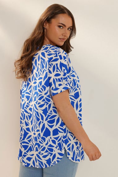 Yours Curve Blue Abstract Floral Print Boxy Short Sleeve Blouse