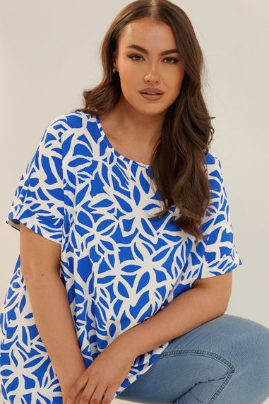 Yours Curve Blue Abstract Floral Print Boxy Short Sleeve Blouse