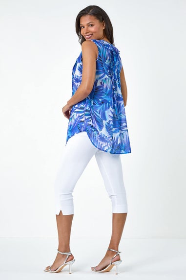 Roman Blue Leaf Print Ruffle Front Buttoned Blouse