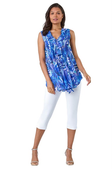 Roman Blue Leaf Print Ruffle Front Buttoned Blouse