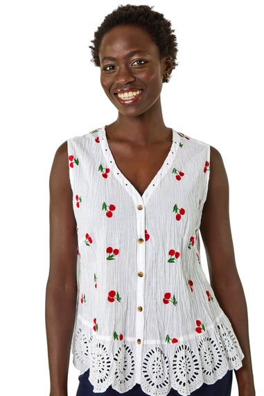 Roman Red Cherry Print Crinkle Button Blouse