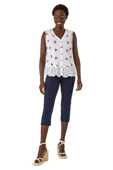 Roman Red Cherry Print Crinkle Button Blouse