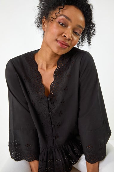 Roman Black Petite Broderie Scallop Blouse