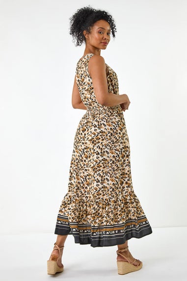 Roman Stone Petite Animal Print Frill Hem Dress
