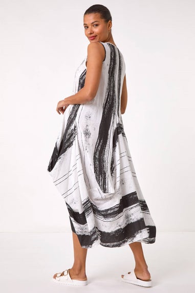 Roman White Abstract Print Bubble Midi Dress