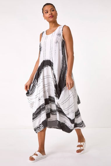 Roman White Abstract Print Bubble Midi Dress