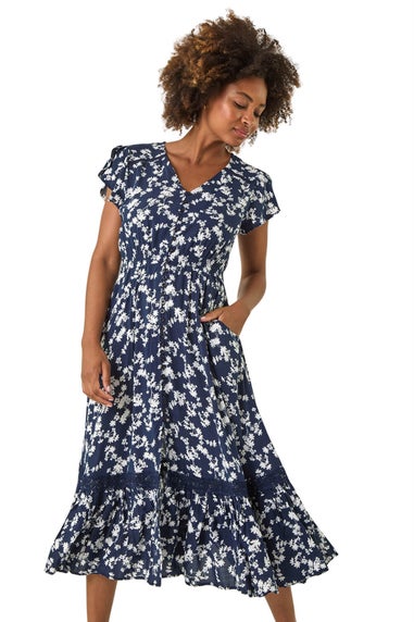 Roman Navy Floral Button Down Frill Midi Dress