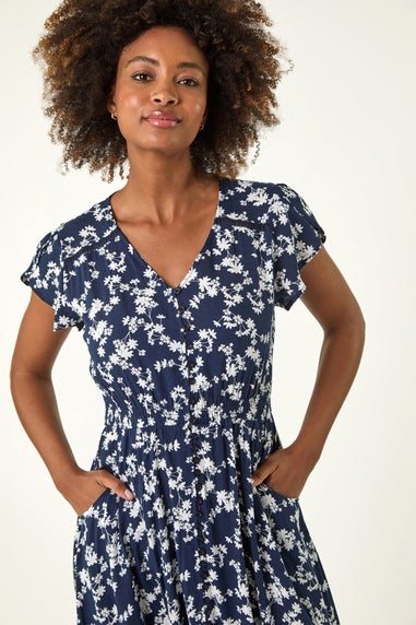 Roman Navy Floral Button Down Frill Midi Dress