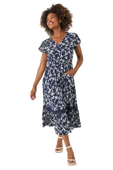 Roman Navy Floral Button Down Frill Midi Dress