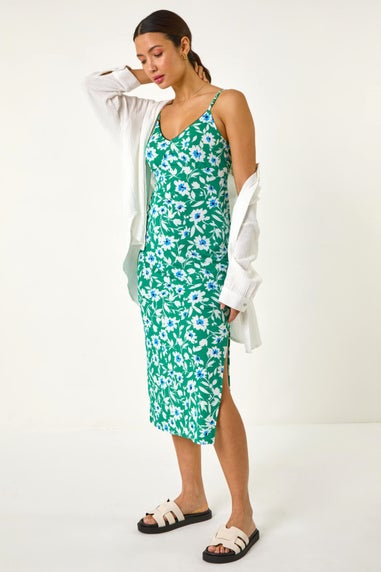 Roman Green Floral Strappy Stretch Midi Dress