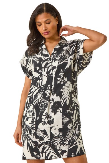 Roman Black Palm Print Cocoon Dress