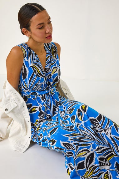 Roman Blue Leaf Puff Print Maxi Dress