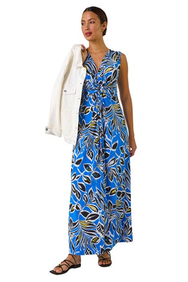 Roman Blue Leaf Puff Print Maxi Dress