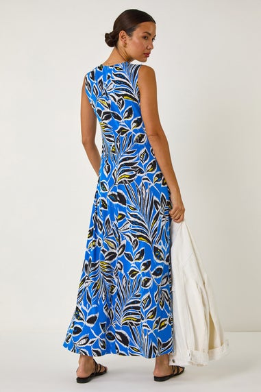 Roman Blue Leaf Puff Print Maxi Dress