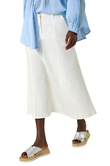 Roman White Cotton Denim Panelled Midi Skirt