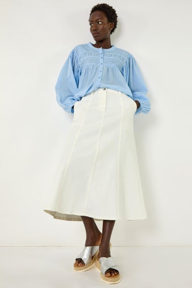 Roman White Cotton Denim Panelled Midi Skirt